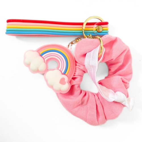 OOF! Rainbow Hair Scrunchie Holder Keychain, Bubblegum Pink Cotton Scrunchie and White Satin Ponytail Elastic Set | Cute Bright Color Rainbow Strap + Cloud Charm + Scrunchie for Girls and Women