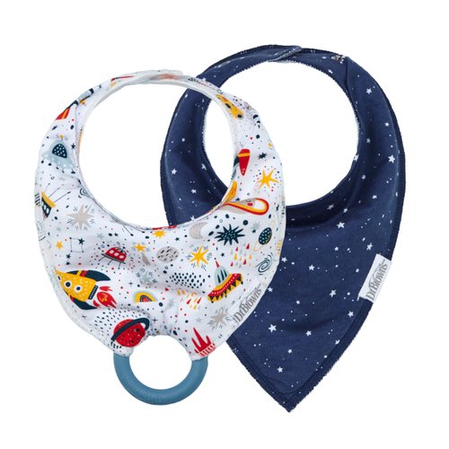 Dr. Brown's Bandana Bibs with Snap-On Removable Teether, Cotton Baby Bib with Soft Fleece Lining for Teething & Drooling, Rocket Ships/Stars, 2 Pack, 3m+