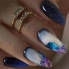 MISUD Press on Nails Medium Almond Fake Nails Glossy Glue on Nails Dark Blue Ombre Acrylic Nails Stiletto Marble Artificial Nails Bling Glitter Stick on False Nails with Design 24 pcs