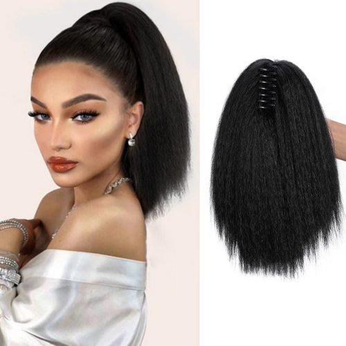 Lady Miranda 12 Inch Claw Clip Straight Kinky Ponytail Extension for Black Women Fluffy Kinky Ponytail Synthetic Yaki Ponytail for Black Women Clip in Ponytail Hair Extensions (Natural Black,12 Inch)