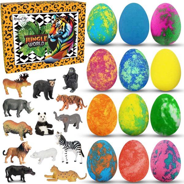 Bath Bombs for Kids with Surprise Inside, Kids Bath Bombs with Jungle Toys Inside, 12-Pack Organic Bath Bombs for Boys, Skin-Moisturizing Bubble Bath Magic Bathbombs, Easter Basket Stuffers for Kids