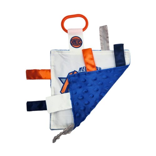 The Learning Lovey New York Knicks Baby Tag Toy - NBA Basketball - Baby Sensory Crinkle Toys - Soft & Safe - Ideal Baby Stroller Toy - BPA Free w/Stroller Clip (8 x 8 Tag Toy)