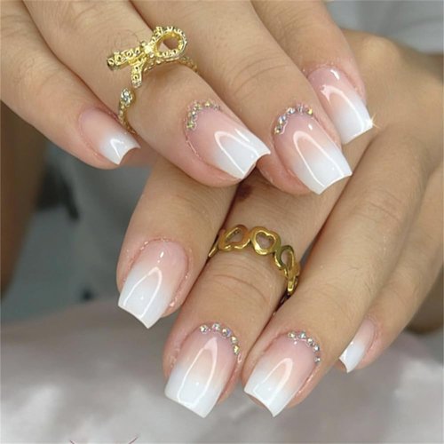 BAOYAALIN Ombre Nude Pink White Press on Nails Short Square Fake Glue on Nails with Rhinestones Design for Women Girls Full Cover Artificial Acrylic False Stick on Nail for Daily Wear Wedding 24Pcs