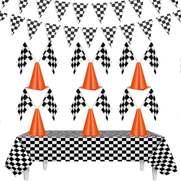 6 Traffic Cones With Hole on Top, 12 Checkered Flags on Sticks, Set of 2 Chequered Pennant Banner, Racetrack Tableclothes – for Race Car Birthday Party Supplies, Racing Theme Decorations for Kids