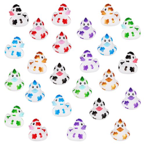 24pcs Cow Ducks, 6 Colors Mini Cow Rubber Ducks Novelty Funny Cow Print Duck Cowboy Duck Baby Bathtub Duck Toys Small Duckies for Baby Shower Party Favors Decoration Swimming Pool Supplies