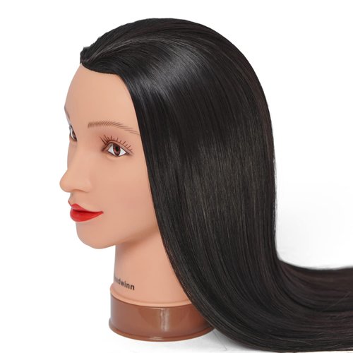 Headwinn Mannequin Head with Hair 26"-28" Synthetic Fiber Hair Styling Training Head Manikin Cosmetology Doll Head for Wigs Free Clamp Stand (Black)