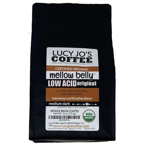 Lucy Jo's Coffee, Organic Mellow Belly Low Acid Blend, Medium Dark Roast, Whole Bean, 11 oz (11 OZ)