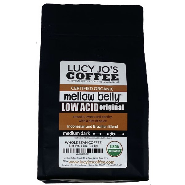 Lucy Jo's Coffee, Organic Mellow Belly Low Acid Blend, Medium Dark Roast, Whole Bean, 11 oz (11 OZ)