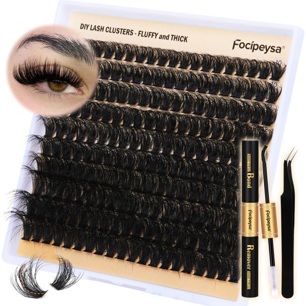 DIY Eyelash Extension Kit Volume Fluffy Lash Clusters Kit 10-18mm Thick Lash Extensions 90D Individual Eyelashes Extensions Kit with Lash Bond, Lash Remover, Lash Applicator (90D-D Curl-200Pcs)