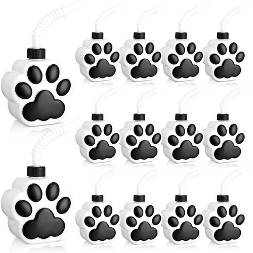 Zubebe 12 Pcs 10 oz Dog Paw Cups with Lid Straw Bulk Dog Party Favors Plastic Reusable Puppy Paw Straw Cup Paw Birthday Party Decoration for Dog Themed Party Supplies