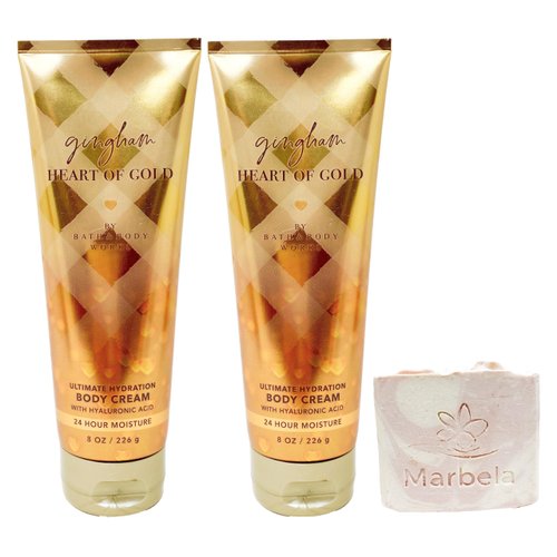 Bath & Body Works Gingham Heart Of Gold - 2 Pack Of Body Cream With a Himalayan Salts Springs Bar Soap.