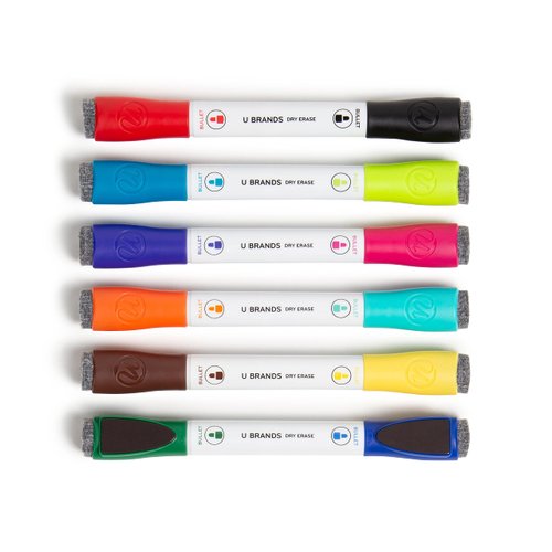 U Brands Magnetic Double-Ended Dry Erase Markers With Erasers, Set of 6, Assorted Colors, Low-Odor, Bullet (3 mm) Point
