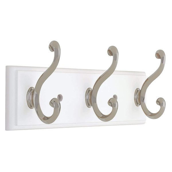 LIBERTY 129854 Wall Mounted Coat Rack with 3 Decorative Hooks, 10-Inch, Satin Nickel and White