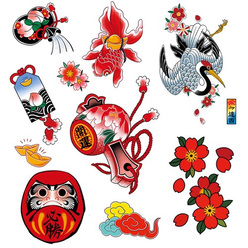 PUSNMI Japanese Traditional Tattoo Old School Stickers for Men Women Japan Cherry Blossoms Wind Chimes Lucky Charm forArm Leg Neck for Festival Club