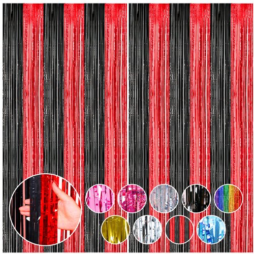 RUBFAC 2 Pack Red and Black Backdrop Party Decorations Tinsel Foil Fringe Curtains Streamers for Casino Theme Party Decorations Halloween Bachelorette Birthday Holiday Celebrations Party Supplies