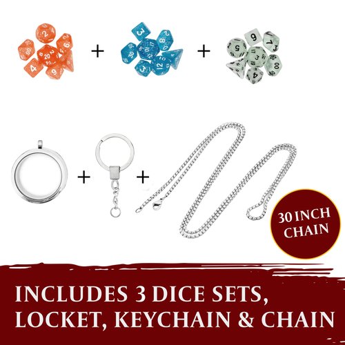 DND Dice Set Locket/Keychain - 3 Polyhedral Mini Dice Sets Included - Perfect RPG/Dungeons & Dragons (D&D) Accessories Gifts. Tiny/Micro Red, Blue & Clear Set have D20 D12 D10 D8 D6 Sided Dice.