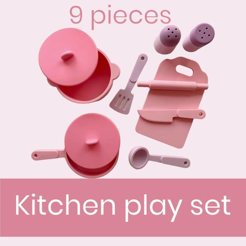 Kids Kitchen Silicone Pretend Toys- 9pcs Play Kitchen Accessories Set with Cookware -Food Grade Silicone -Kids Toy Kitchen Accessories – Pretend Play Kitchen Toy Set for Cooking-Pink