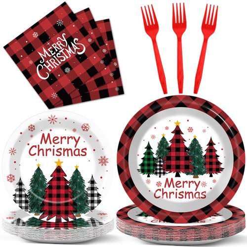 gisgfim 96PCS Christmas Plates and Napkins Party Supplies Red Buffalo Plaid Merry Christmas Tree Party Dinnerware Disposable Tableware Set Xmas Holiday Party Decorations Favors for 24 Guests