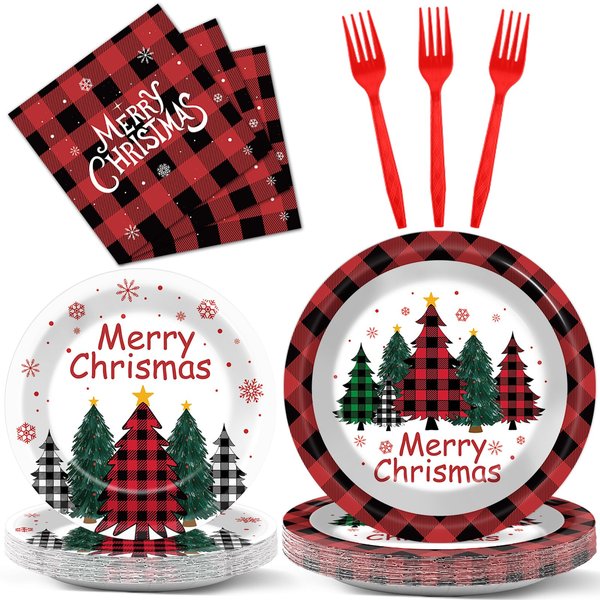 gisgfim 96PCS Christmas Plates and Napkins Party Supplies Red Buffalo Plaid Merry Christmas Tree Party Dinnerware Disposable Tableware Set Xmas Holiday Party Decorations Favors for 24 Guests