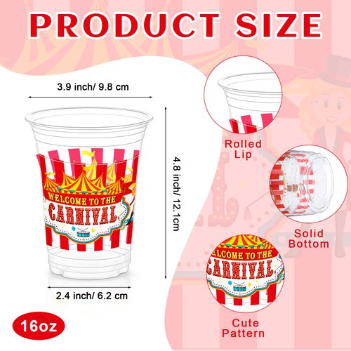 Jinei 60 Pcs Circus Carnival Party Supplies 16 oz Carnival Plastic Cups Bulk Welcome to the Carnival Disposable Cups for Circus Theme Carnival Birthday Party Favors Decorations