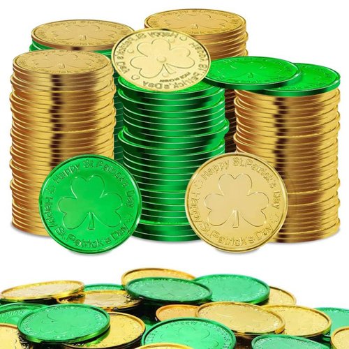 D-ChuangX 100 Pieces Gold & Green St. Patrick's Day Shamrock Coins, Plastic Lucky Clover Coins for Party Decorations, Saint Patty's Day 3-Leaf Luck Coins