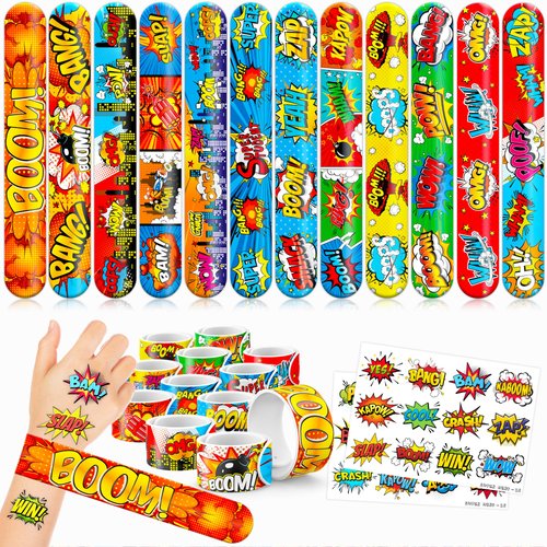 48 Hero 24PCS Hero Temporary Tattoos Sticker 24PCS Slap Bracelets Perfect for Themed Birthday Party Favors Baby Showers or Classroom Rewards Ideal Decor and Gifts for Girls and Boys