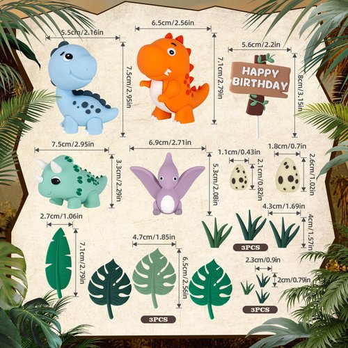 17PCS Dinosaur Cake Topper, Dinosaur Eggs Leaves Grasses Cake Decorations with Happy Birthday Sign Cake Toppers for Birthday Party Decorations, Safari Animal Themed Party