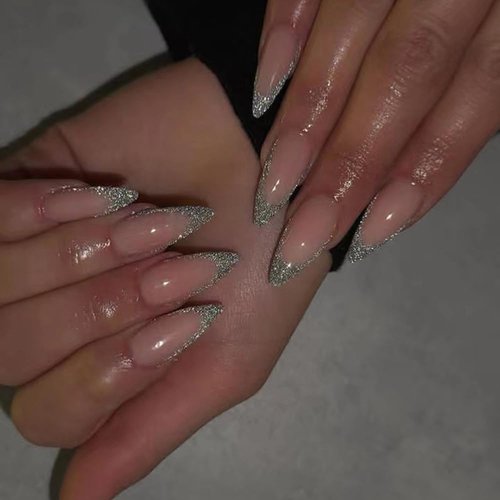 Silver French Tips Fake Nails Long Almond Press on Nails with Sparkly Design, Glossy Glitter False Nails Gel Glue on Nails, Shine French Manicure Art Acrylic Nails Stick on Nails for Women Girls 24Pcs