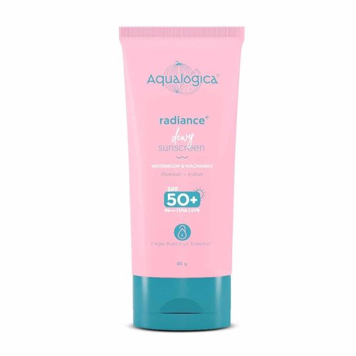 Aqualogica Radiance+ Dewy Face Sunscreen with SPF 50+ & PA+++ | Broad Spectrum Protection & No White Cast | Helps Give Healthy Skin with Watermelon & Niacinamide | 2.82 Oz/80g