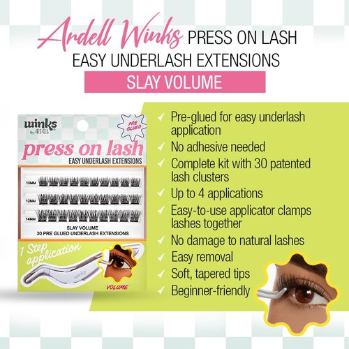 Ardell Winks Press-On Underlash Extensions - Pre-Glued, 30 DIY Lash Clusters, Easy Application, Individual Lashes with Applicator, 1-Pack