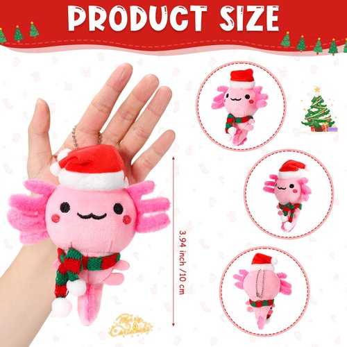 Poen 8 Pcs Christmas Axolotl Ornaments Plush Toys 4 Inch Mini Kawaii Axolotl Stuffed Animal with Santa Hat and Scarf Cute Stuffed Samaritans Keychain Bulk for Christmas Ornaments Hanging Decorations