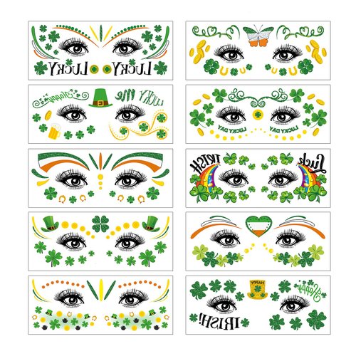 10 Pcs St Patricks Day Face Tattoos, Shamrock Tattoo Stickers, Irish Stickers Green Face Tattoo Kit, Saint Patricks Day Irish Parade Party Favors Body Decoration Make Up for Kids