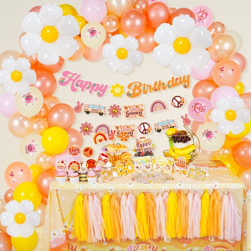 Groovy Birthday Party Decorations Retro Hippie Boho Party Supplies Daisy Fairy Pastel Balloons Garland Arch Kit Including Groovy Sticker Glasses Tablecloth for Girls Baby Shower Birthday Party Decor