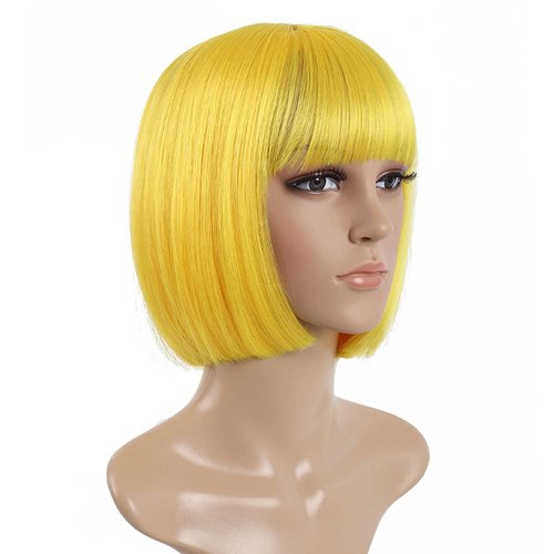 SYXLCYGG Bob Wig Short Yellow Wig Women's Costume Wigs 10" Straight Synthetic Hair Wig With Bangs Girl Cosplay Colorful Party(Free Wig Cap)