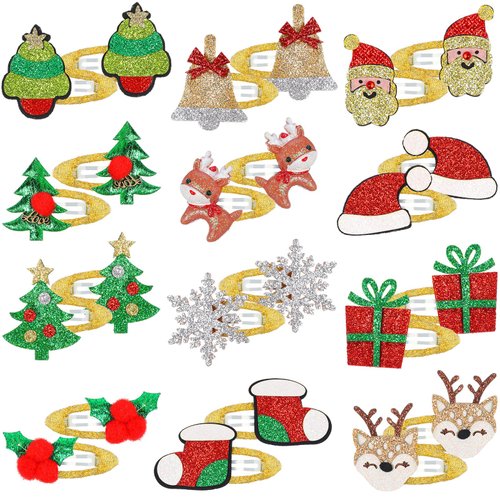 XunYee 12 Pairs Christmas Hair Clips Glitter Colorful Hair Barrettes Xmas Santa Snowflake Reindeer Bell Stockings Elk Hairpins Christmas Hair Accessories for Girls Women Xmas Holiday Party Gifts