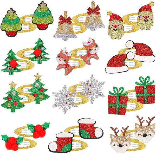 XunYee 12 Pairs Christmas Hair Clips Glitter Colorful Hair Barrettes Xmas Santa Snowflake Reindeer Bell Stockings Elk Hairpins Christmas Hair Accessories for Girls Women Xmas Holiday Party Gifts