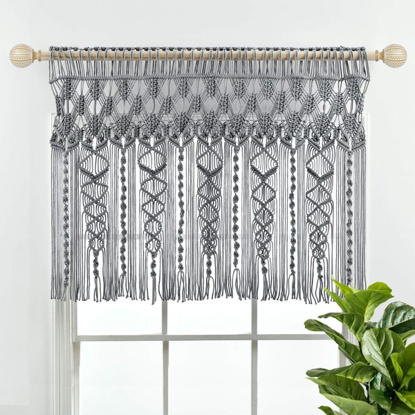Lush Decor Boho Macrame Textured Cotton Valance, 40" W x 30" L, Gray - Boho Kitchen Curtains & Wall Decor - Macrame Valance - Bathroom Window Curtains