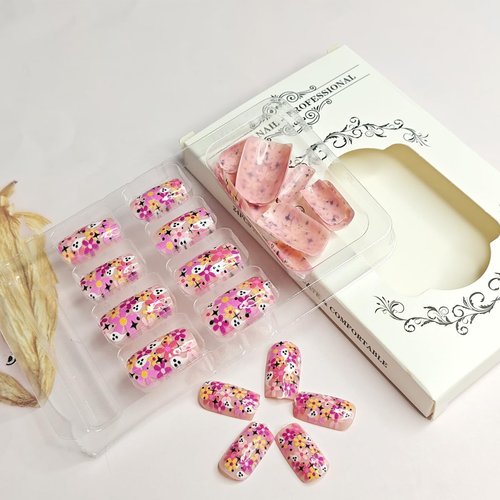 24Pcs Halloween Press on Nails Medium Square Ghost Fake Nails Colorful Flower Ghost Full Cover Glue on Nails Artificial Cute Halloween False Nails Stick on Nails for Women Girls Acrylic Decorations