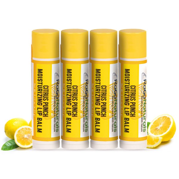 RaGaNaturals All Natural Lemon Moisturizing Lip Balm Gift Ornament for Holiday Stocking Stuffers, All Day Hydration, Original beeswax, Shea butter, Jojoba oil, Vitamin E and Love - Pack of 4 Tubes