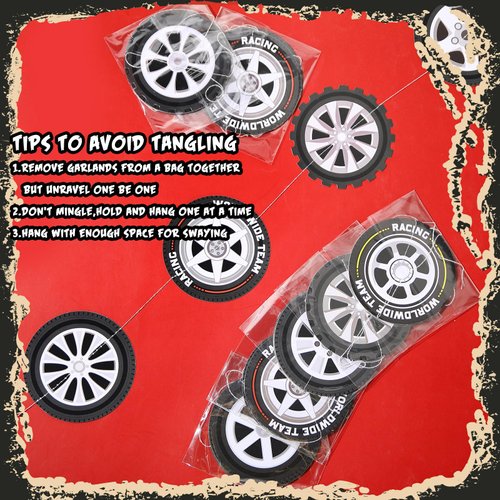 Sinload 8 Pieces Race Car Party Decorations Wheel Tire Garland Banners Car Tyre Paper Cutouts for Racing Car Birthday Party Favors Classroom Supplies