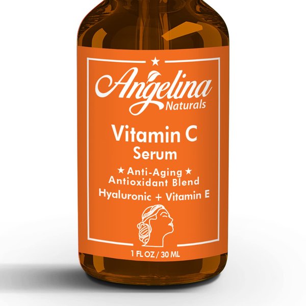 Angelina Naturals Vitamin C Serum for Face, Hyaluronic Acid, Vitamin E, Anti-Aging Serum, Reducing Age Spots, Fine Lines Wrinkles, Boost Collagen 1 Fl Oz