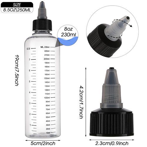 2 Pack Applicator Bottle for Hair, 8.5oz Hair Color Applicator Bottle Twist-On Top Tip Cap Hair Oil Applicator, Plastic Squeeze Bottle Root Hair Dye Bottle with Graduated Scale