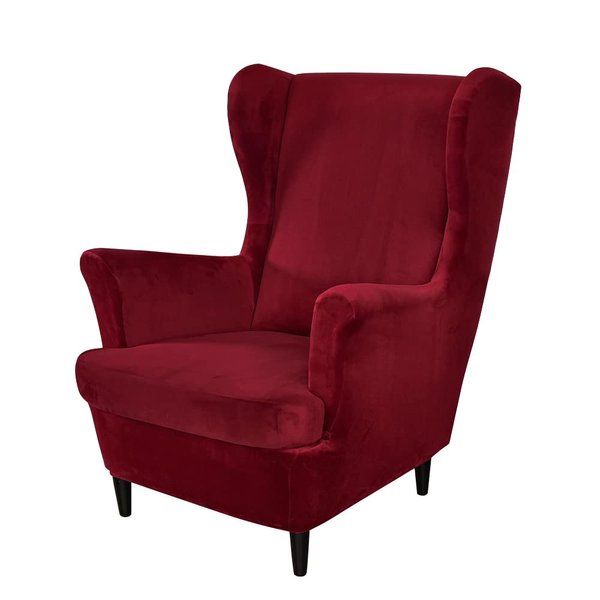 PENDEJATO Wing Chair Slipcovers, 2 Piece Stretch Wingback Chair Cover Soft Velvet Armchair Covers with Elastic Bottom for Living Room Bedroom (Wine red)