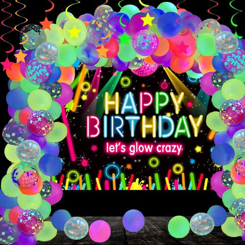 Neon Glow in The Dark Birthday Party Decorations Kit Include Neon Balloons Garland Arch, Happy Birthday Let's Glow Crazy Backdrop Banner, Kids Teen Adult Disco Glow Party Decorations Supplies (BLACK)