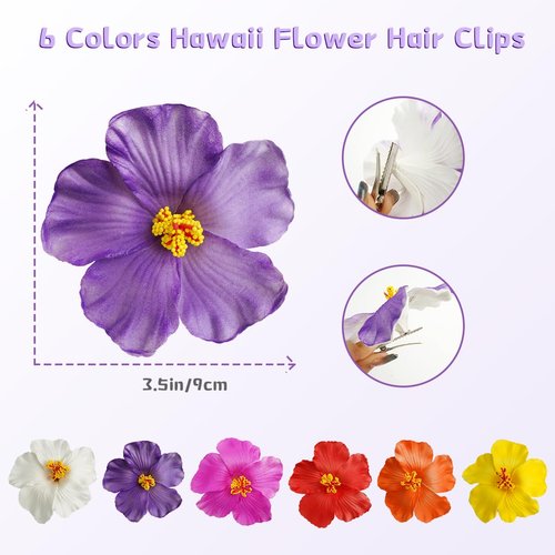6Pcs Hawaiian Flower Hair Clips, Plumeria and Hibiscus 3.5" Clips for Women, Artificial Flowers Clips Perfect for Vacation and Beach Parties