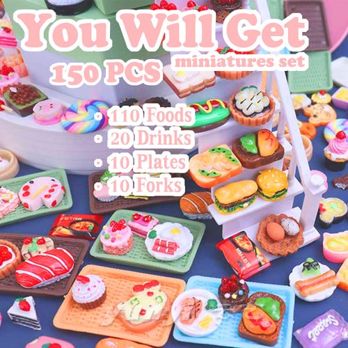 Bargain House 150 Pcs Miniatures Food Drinks Bottles Doll Accessories 1:12 Playset Pretend Play Kitchen Game Party Toys Mini Things Stuff Tiny Baking Landscape Micro Mart, Multicolor