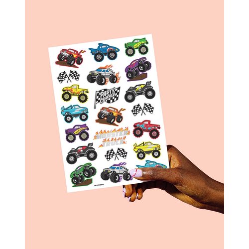 xo, Fetti Monster Truck Party Supplies Temporary Tattoos - 42 Metallic Styles | Trucks, Big Cars, Finish Lines + Flames