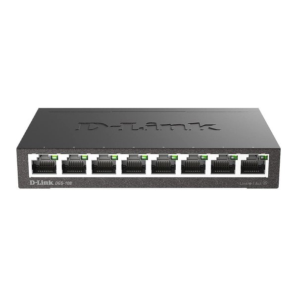 D-Link Ethernet Switch, 8 Port Gigabit Unmanaged Metal Fanless Desktop or Wall Mount Design (DGS-108), Black