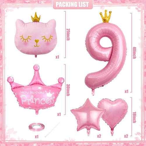 9th Birthday Decorations for Girls, Crown 9 Balloon, Pink Number 9 Balloons 40 Inch, Cat Themed Birthday Party Decorations Baby Shower Supplies