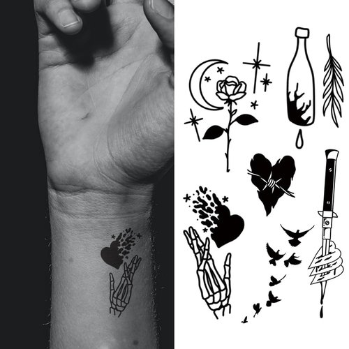Oottati 2 Sheets Small Tiny Temporary Tattoo Stickers Old School Heart Rose Skeleton Hand Bird